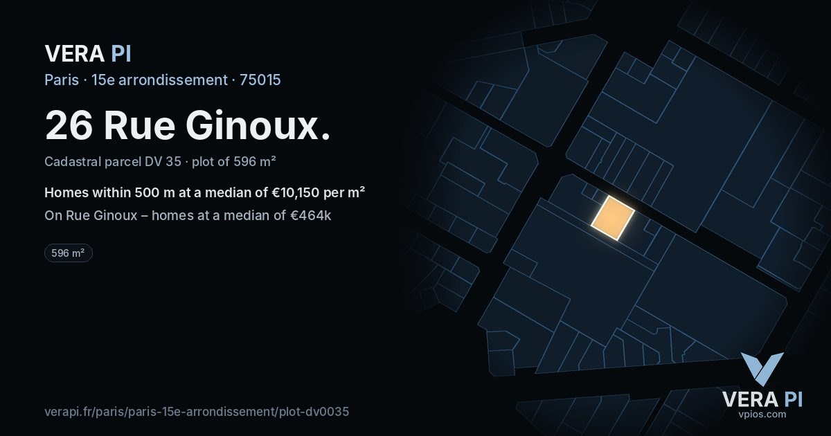 26 Rue Ginoux, 15e arrondissement at night – the plot lit, the parcels around coloured by the prices near them