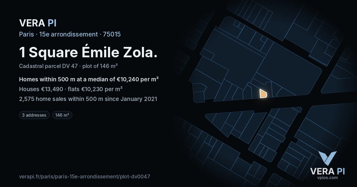 1 Square Émile Zola, 15e arrondissement at night – the plot lit, the parcels around coloured by the prices near them