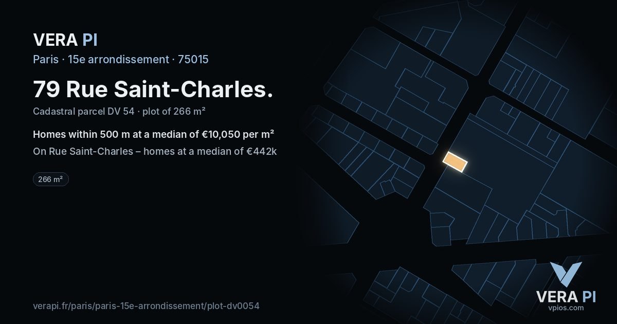 79 Rue Saint-Charles, 15e arrondissement at night – the plot lit, the parcels around coloured by the prices near them