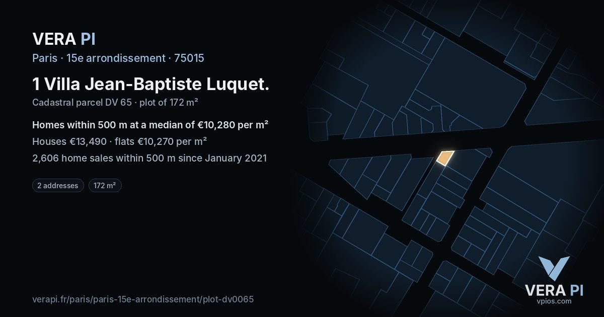 1 Villa Jean-Baptiste Luquet, 15e arrondissement at night – the plot lit, the parcels around coloured by the prices near them