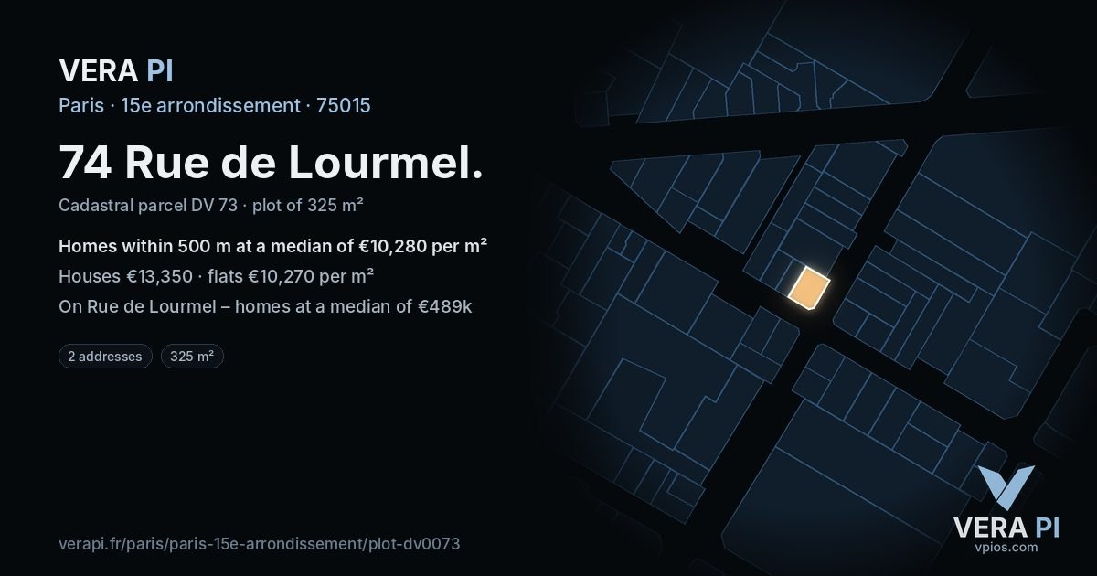 74 Rue de Lourmel, 15e arrondissement at night – the plot lit, the parcels around coloured by the prices near them