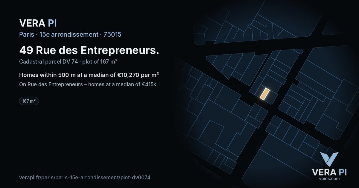 49 Rue des Entrepreneurs, 15e arrondissement at night – the plot lit, the parcels around coloured by the prices near them