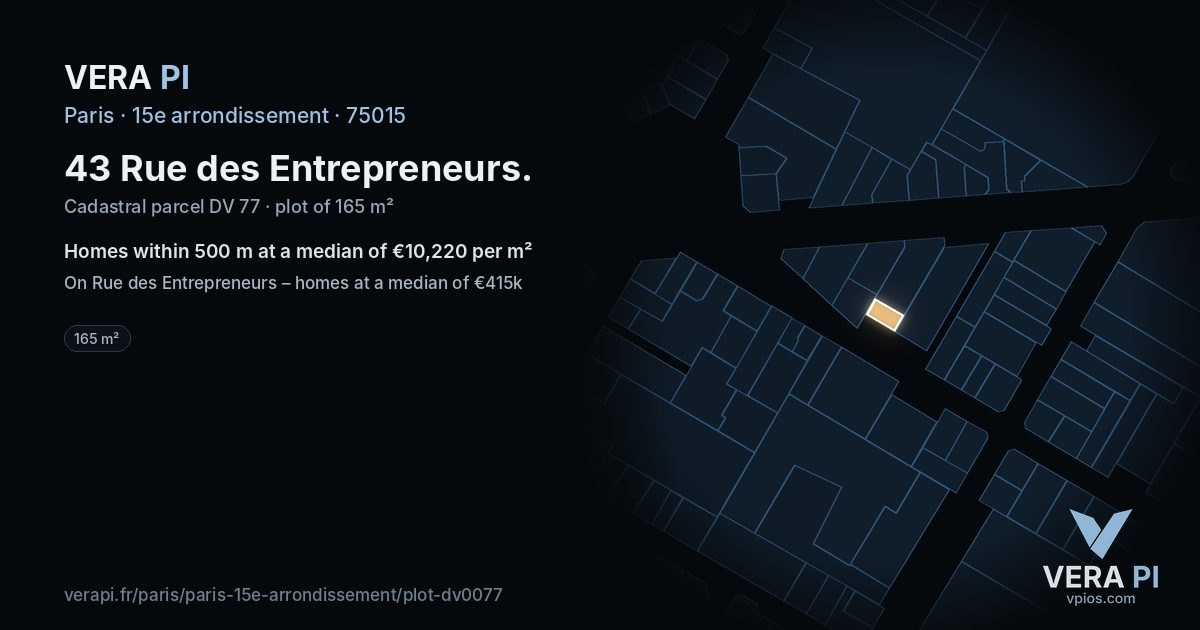 43 Rue des Entrepreneurs, 15e arrondissement at night – the plot lit, the parcels around coloured by the prices near them