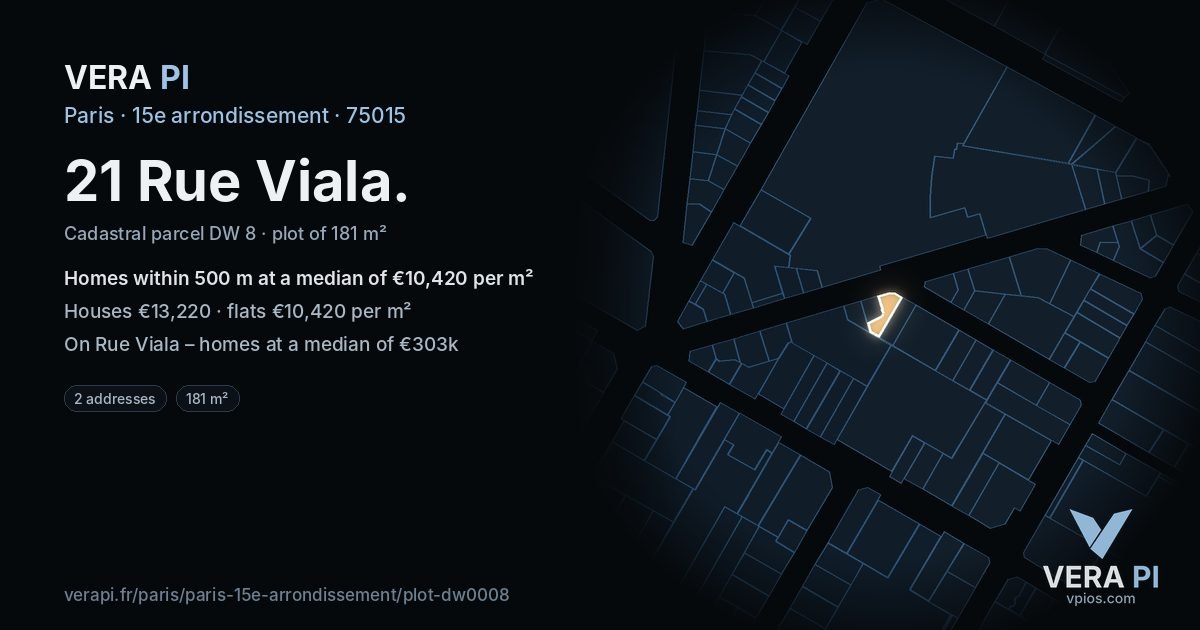 21 Rue Viala, 15e arrondissement at night – the plot lit, the parcels around coloured by the prices near them