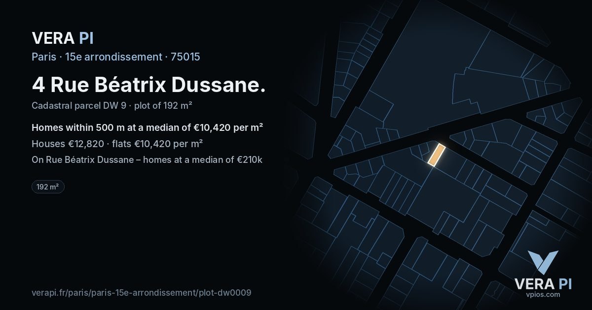 4 Rue Béatrix Dussane, 15e arrondissement at night – the plot lit, the parcels around coloured by the prices near them