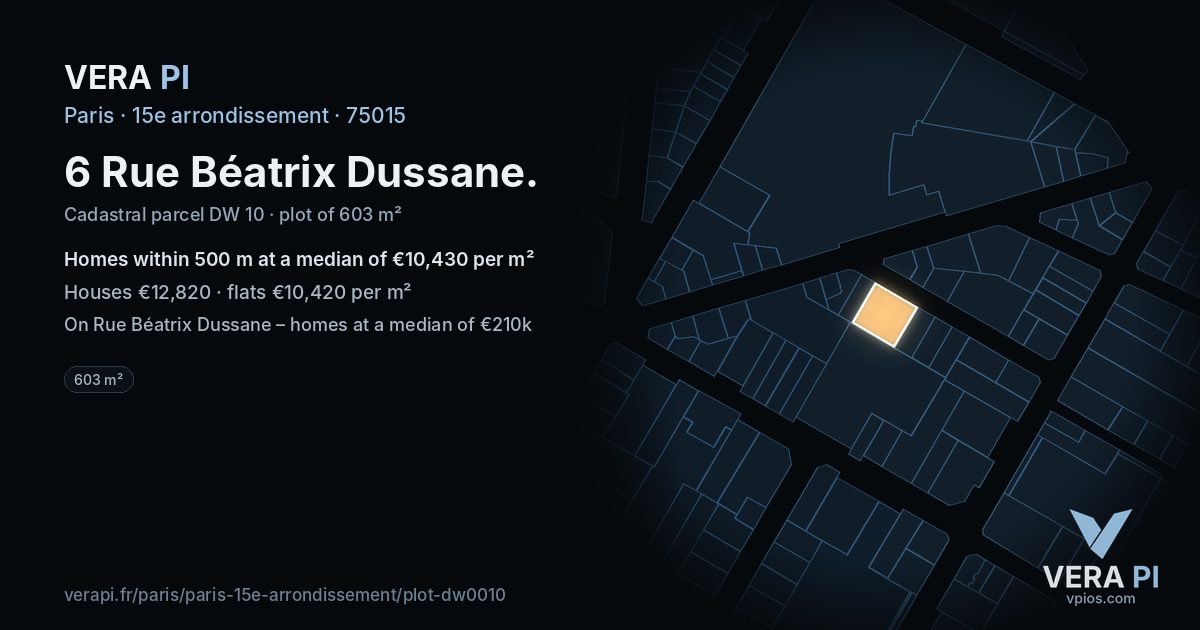 6 Rue Béatrix Dussane, 15e arrondissement at night – the plot lit, the parcels around coloured by the prices near them