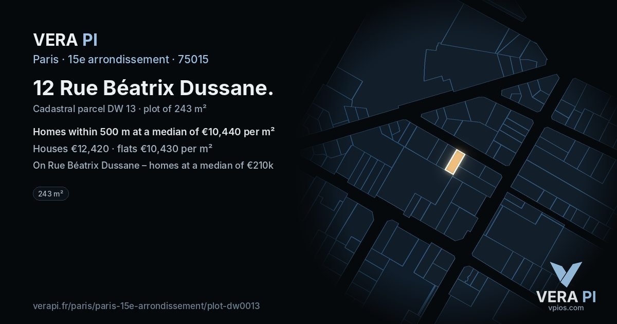 12 Rue Béatrix Dussane, 15e arrondissement at night – the plot lit, the parcels around coloured by the prices near them