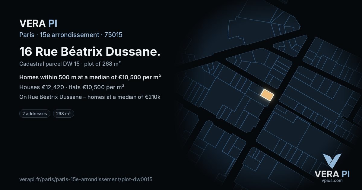 16 Rue Béatrix Dussane, 15e arrondissement at night – the plot lit, the parcels around coloured by the prices near them