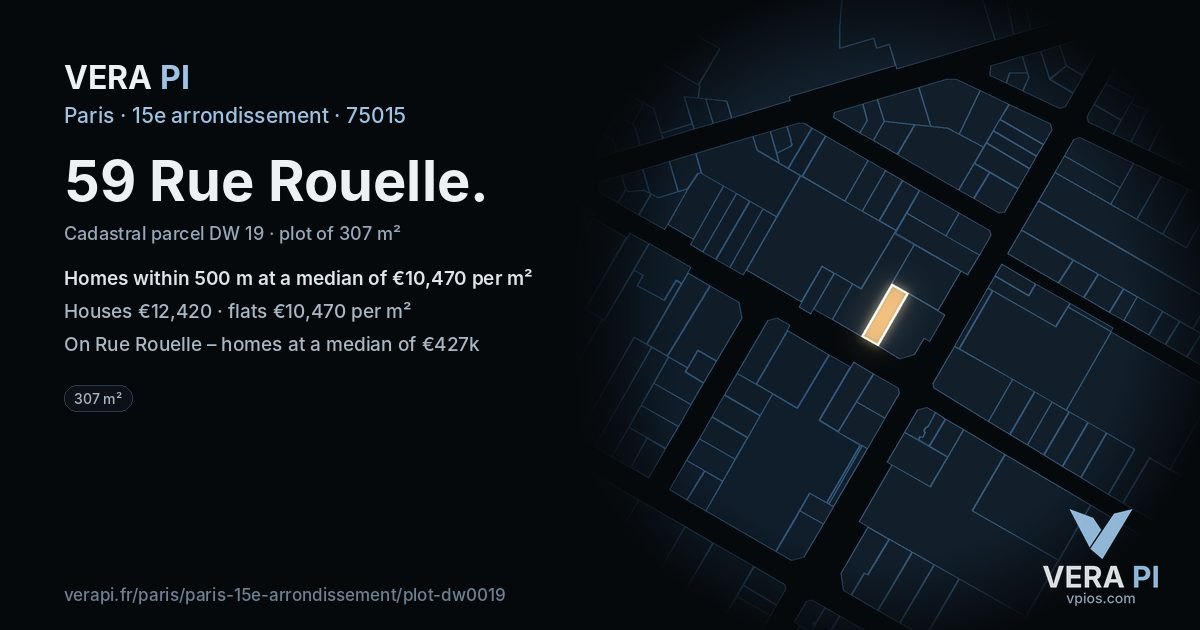 59 Rue Rouelle, 15e arrondissement at night – the plot lit, the parcels around coloured by the prices near them