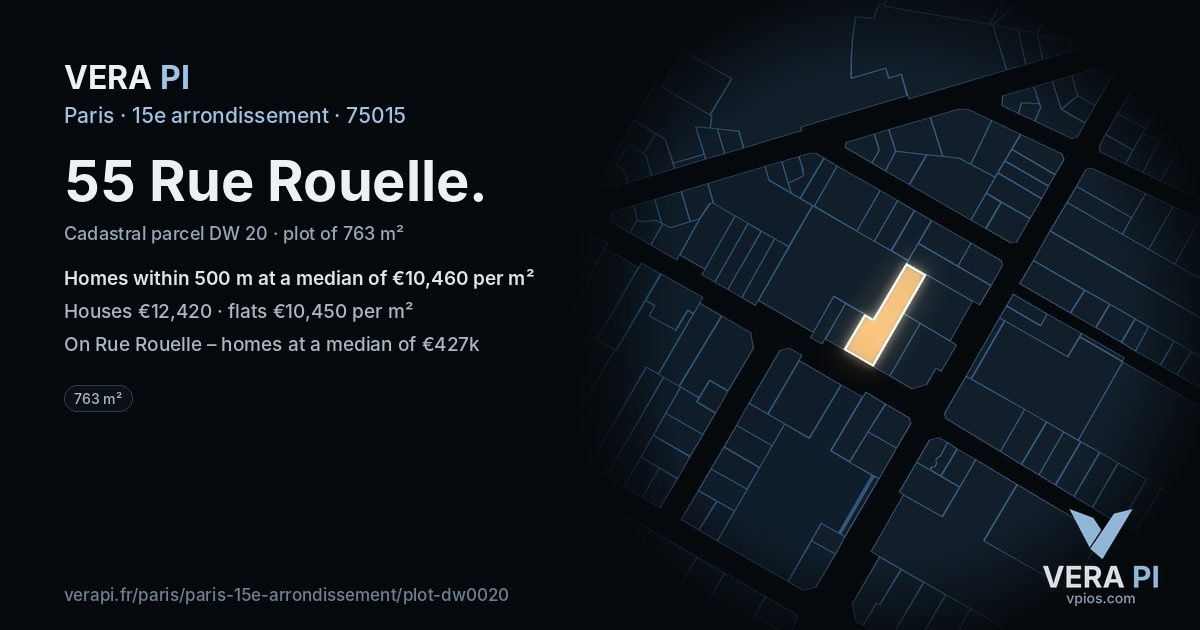 55 Rue Rouelle, 15e arrondissement at night – the plot lit, the parcels around coloured by the prices near them