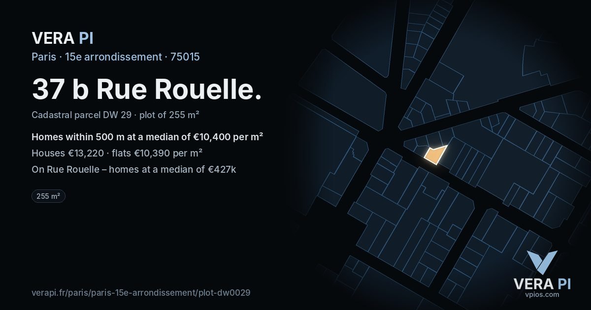37 b Rue Rouelle, 15e arrondissement at night – the plot lit, the parcels around coloured by the prices near them