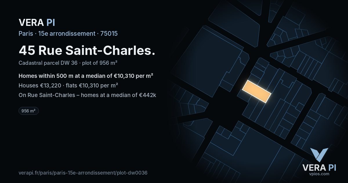 45 Rue Saint-Charles, 15e arrondissement at night – the plot lit, the parcels around coloured by the prices near them