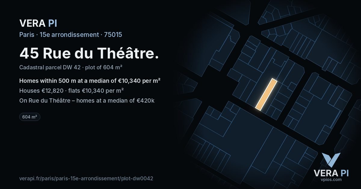 45 Rue du Théâtre, 15e arrondissement at night – the plot lit, the parcels around coloured by the prices near them