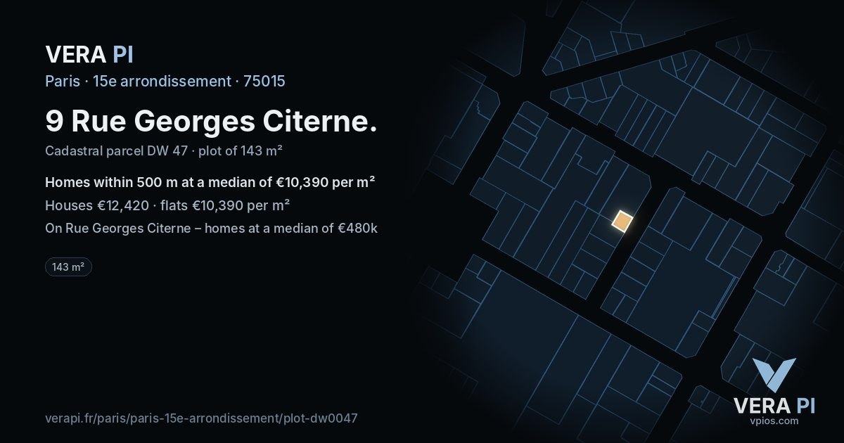 9 Rue Georges Citerne, 15e arrondissement at night – the plot lit, the parcels around coloured by the prices near them