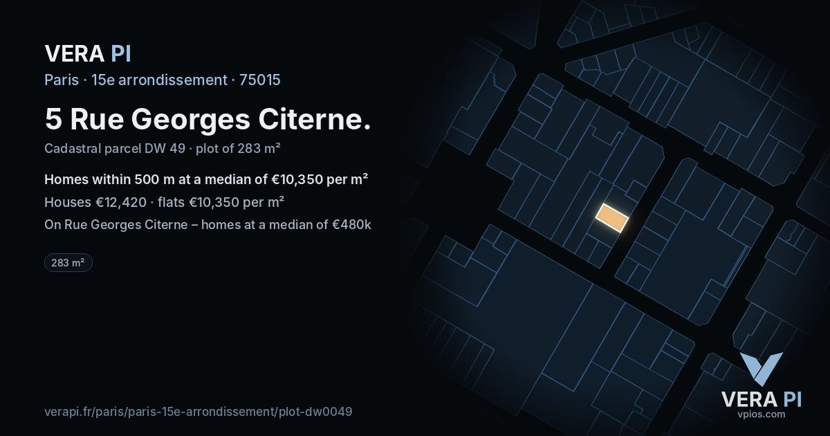 5 Rue Georges Citerne, 15e arrondissement at night – the plot lit, the parcels around coloured by the prices near them