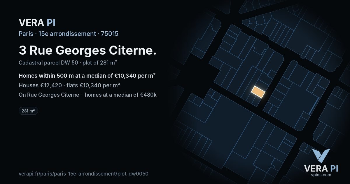 3 Rue Georges Citerne, 15e arrondissement at night – the plot lit, the parcels around coloured by the prices near them