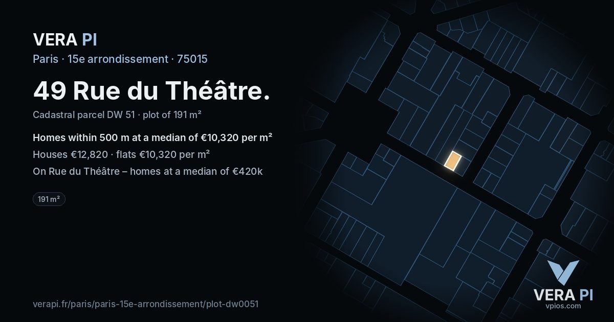 49 Rue du Théâtre, 15e arrondissement at night – the plot lit, the parcels around coloured by the prices near them
