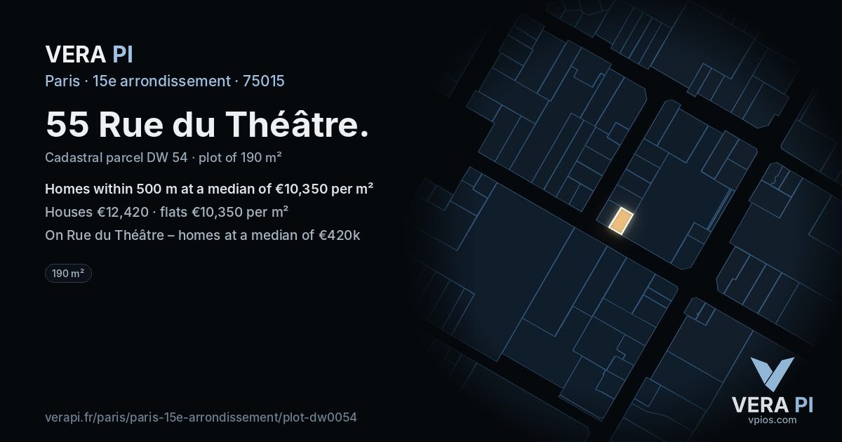 55 Rue du Théâtre, 15e arrondissement at night – the plot lit, the parcels around coloured by the prices near them