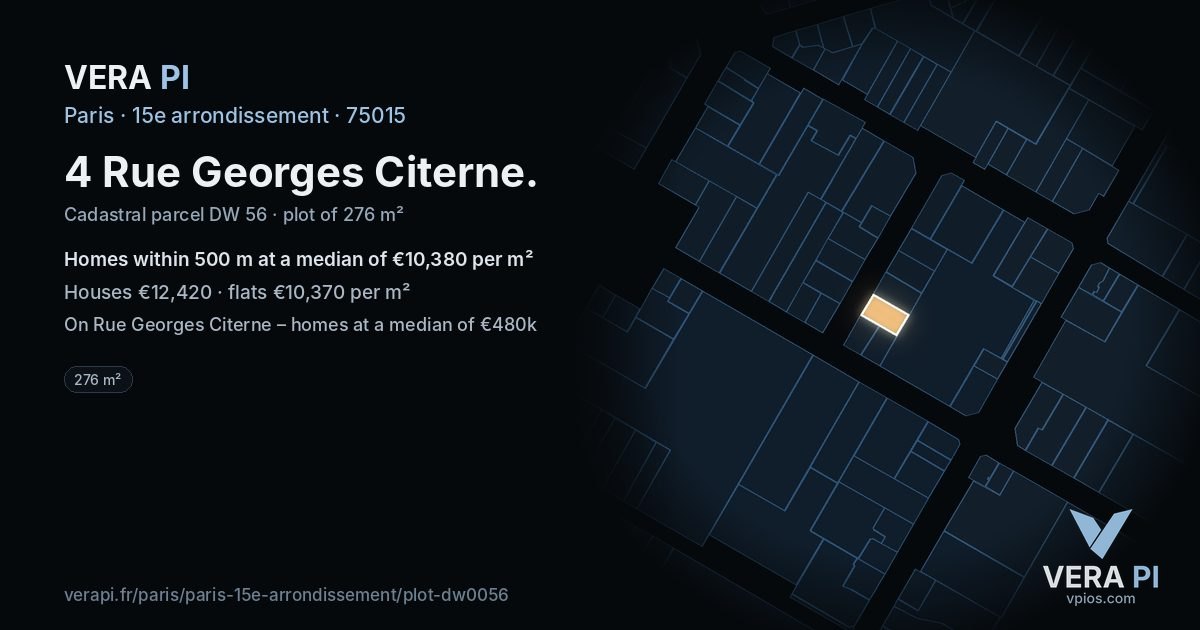 4 Rue Georges Citerne, 15e arrondissement at night – the plot lit, the parcels around coloured by the prices near them