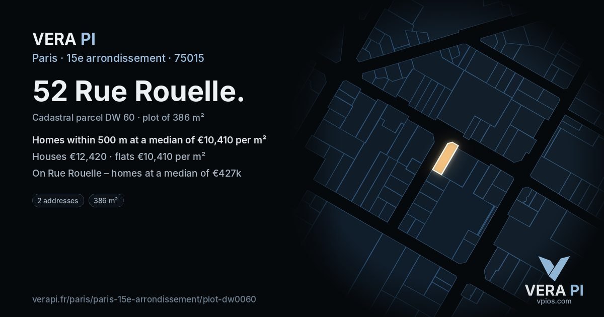 52 Rue Rouelle, 15e arrondissement at night – the plot lit, the parcels around coloured by the prices near them