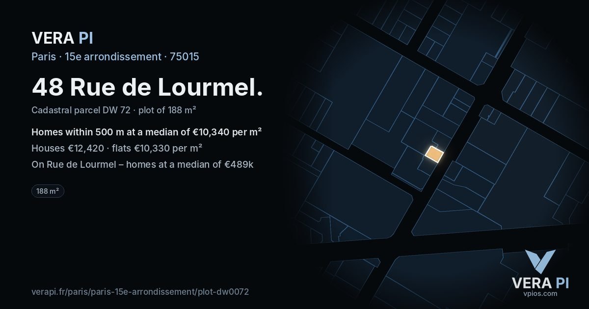 48 Rue de Lourmel, 15e arrondissement at night – the plot lit, the parcels around coloured by the prices near them