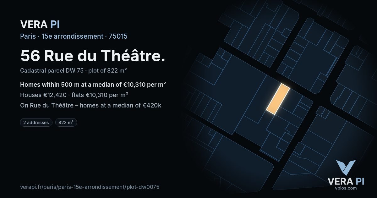 56 Rue du Théâtre, 15e arrondissement at night – the plot lit, the parcels around coloured by the prices near them