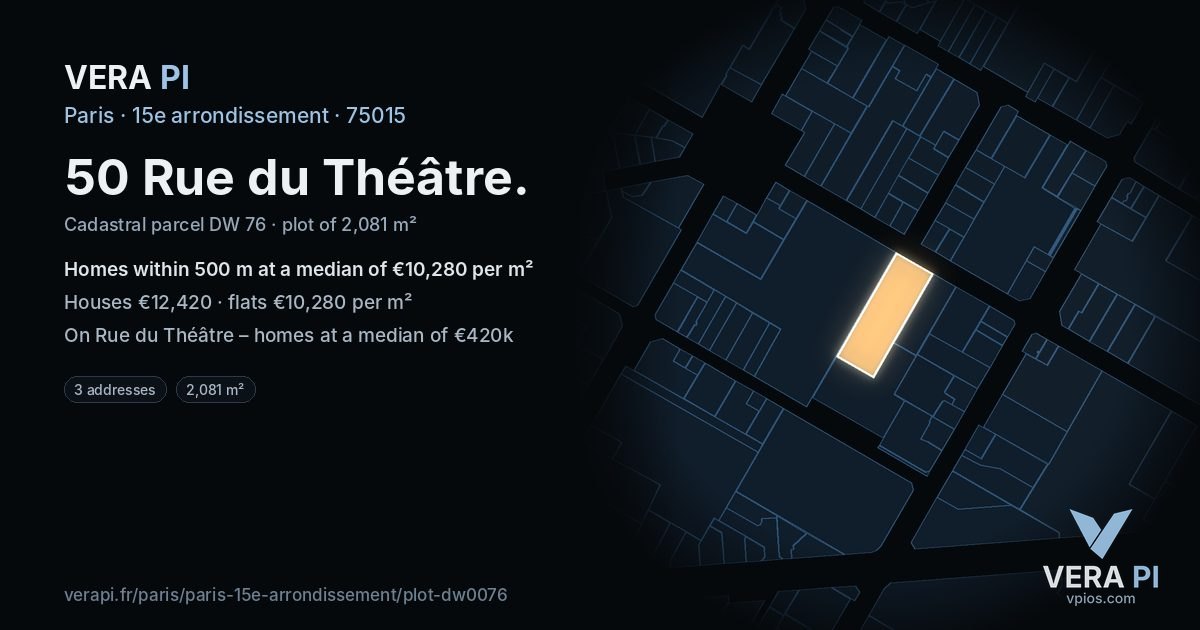 50 Rue du Théâtre, 15e arrondissement at night – the plot lit, the parcels around coloured by the prices near them