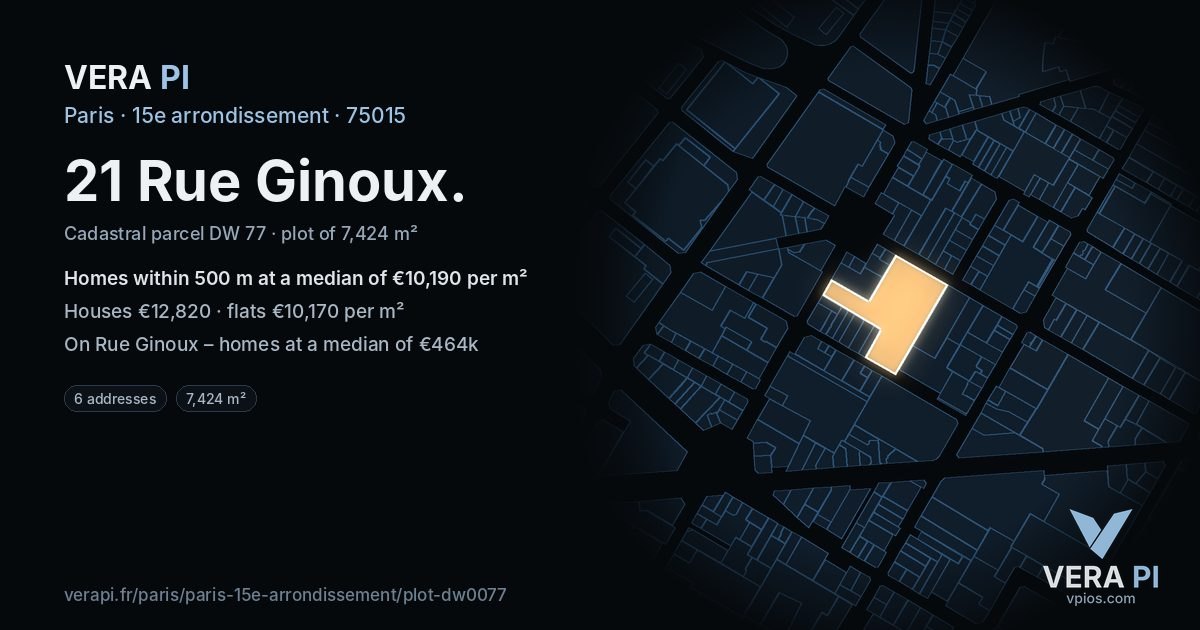 21 Rue Ginoux, 15e arrondissement at night – the plot lit, the parcels around coloured by the prices near them