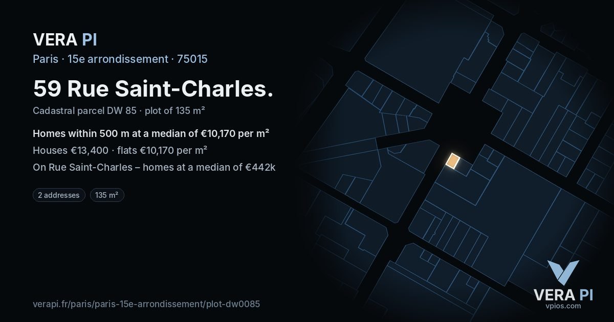 59 Rue Saint-Charles, 15e arrondissement at night – the plot lit, the parcels around coloured by the prices near them