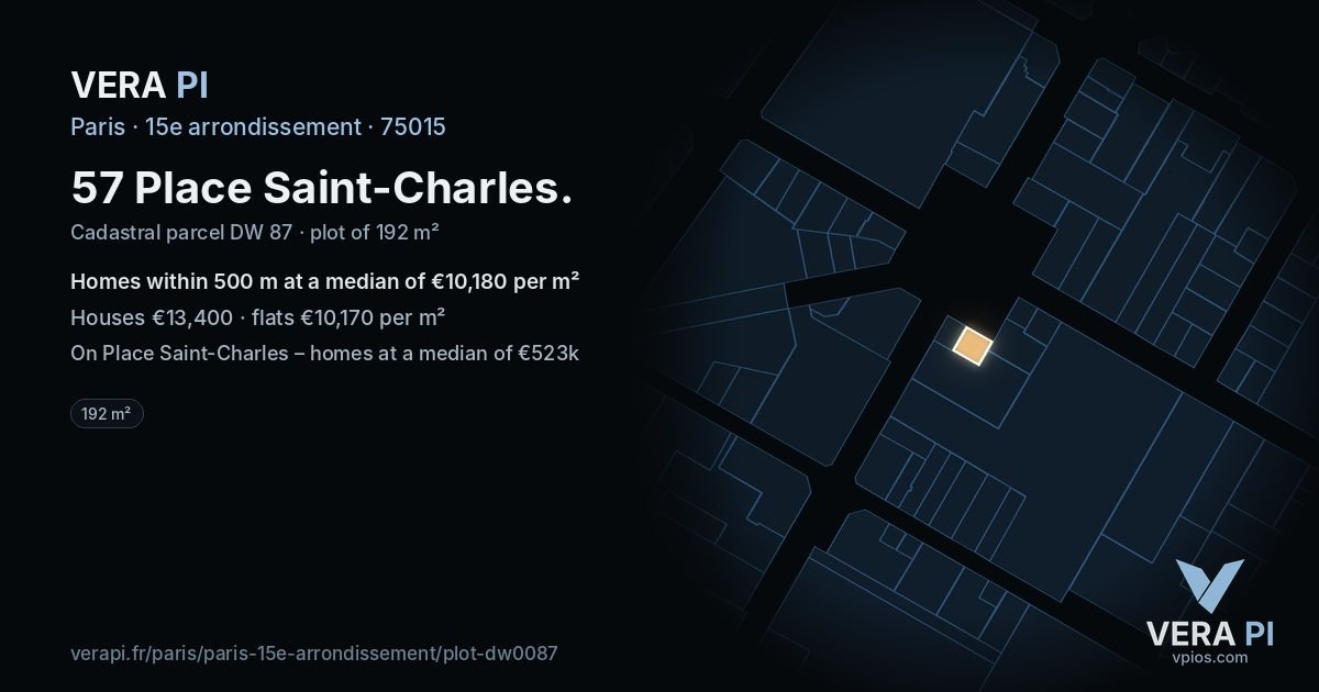 57 Place Saint-Charles, 15e arrondissement at night – the plot lit, the parcels around coloured by the prices near them