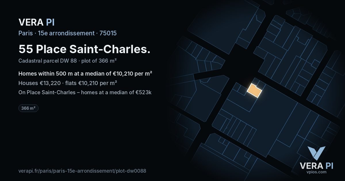55 Place Saint-Charles, 15e arrondissement at night – the plot lit, the parcels around coloured by the prices near them