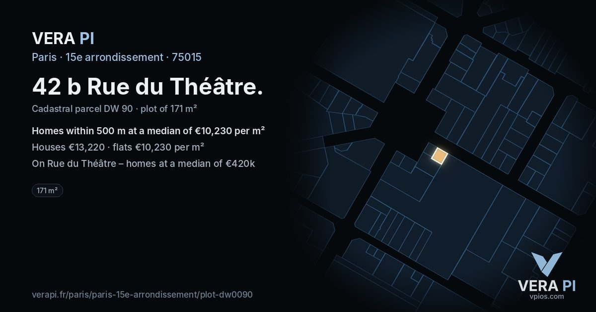 42 b Rue du Théâtre, 15e arrondissement at night – the plot lit, the parcels around coloured by the prices near them