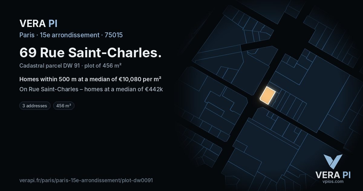 69 Rue Saint-Charles, 15e arrondissement at night – the plot lit, the parcels around coloured by the prices near them