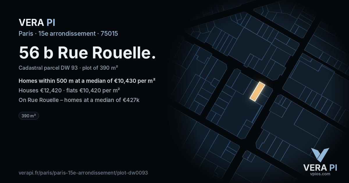 56 b Rue Rouelle, 15e arrondissement at night – the plot lit, the parcels around coloured by the prices near them