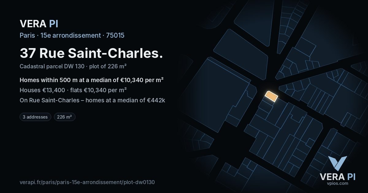 37 Rue Saint-Charles, 15e arrondissement at night – the plot lit, the parcels around coloured by the prices near them