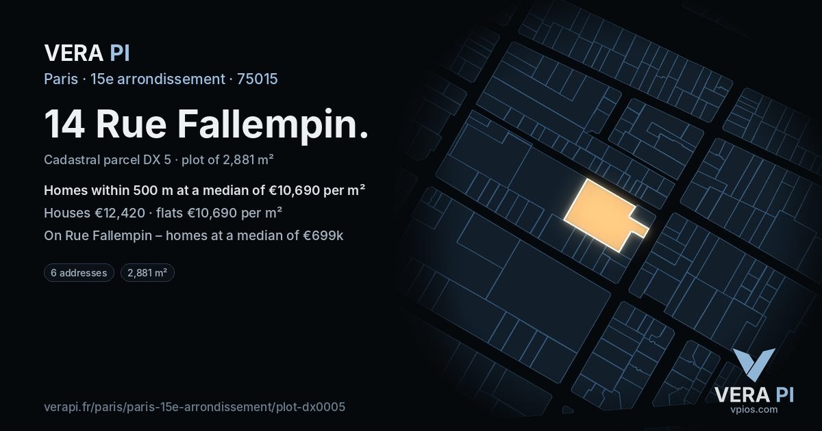 14 Rue Fallempin, 15e arrondissement at night – the plot lit, the parcels around coloured by the prices near them