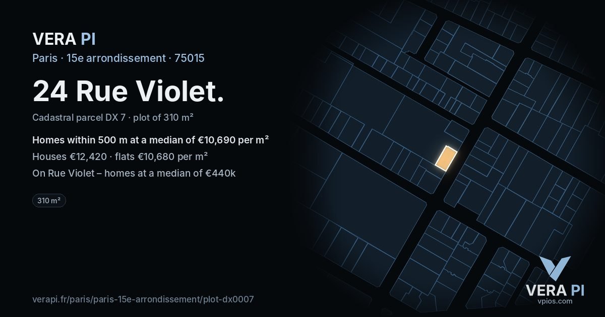 24 Rue Violet, 15e arrondissement at night – the plot lit, the parcels around coloured by the prices near them