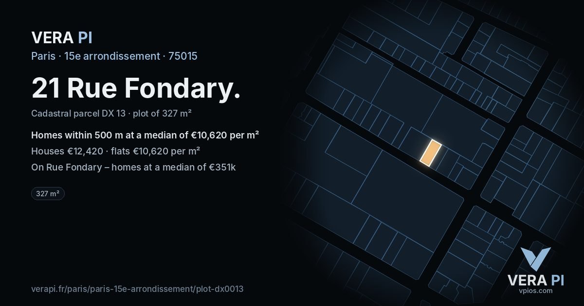 21 Rue Fondary, 15e arrondissement at night – the plot lit, the parcels around coloured by the prices near them