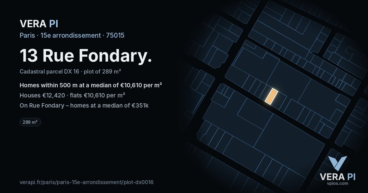 13 Rue Fondary, 15e arrondissement at night – the plot lit, the parcels around coloured by the prices near them