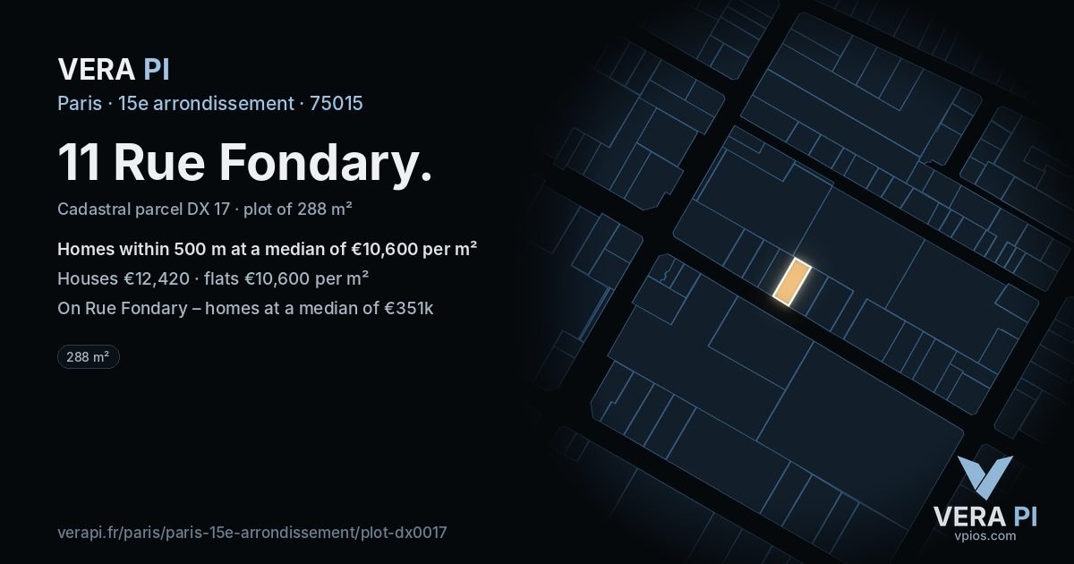11 Rue Fondary, 15e arrondissement at night – the plot lit, the parcels around coloured by the prices near them