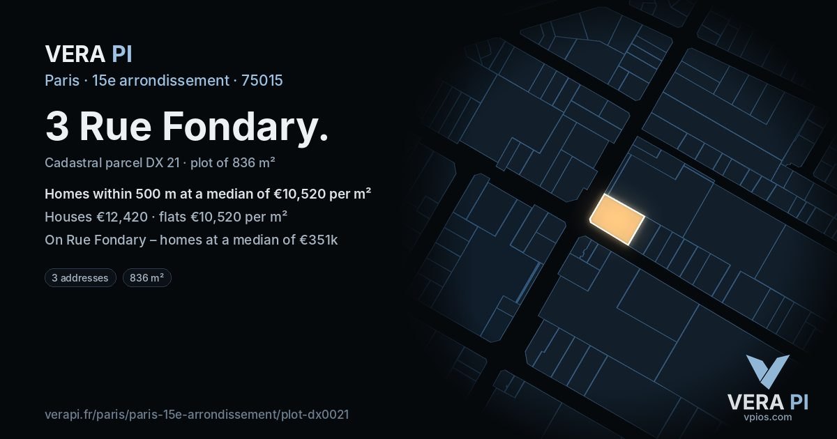 3 Rue Fondary, 15e arrondissement at night – the plot lit, the parcels around coloured by the prices near them
