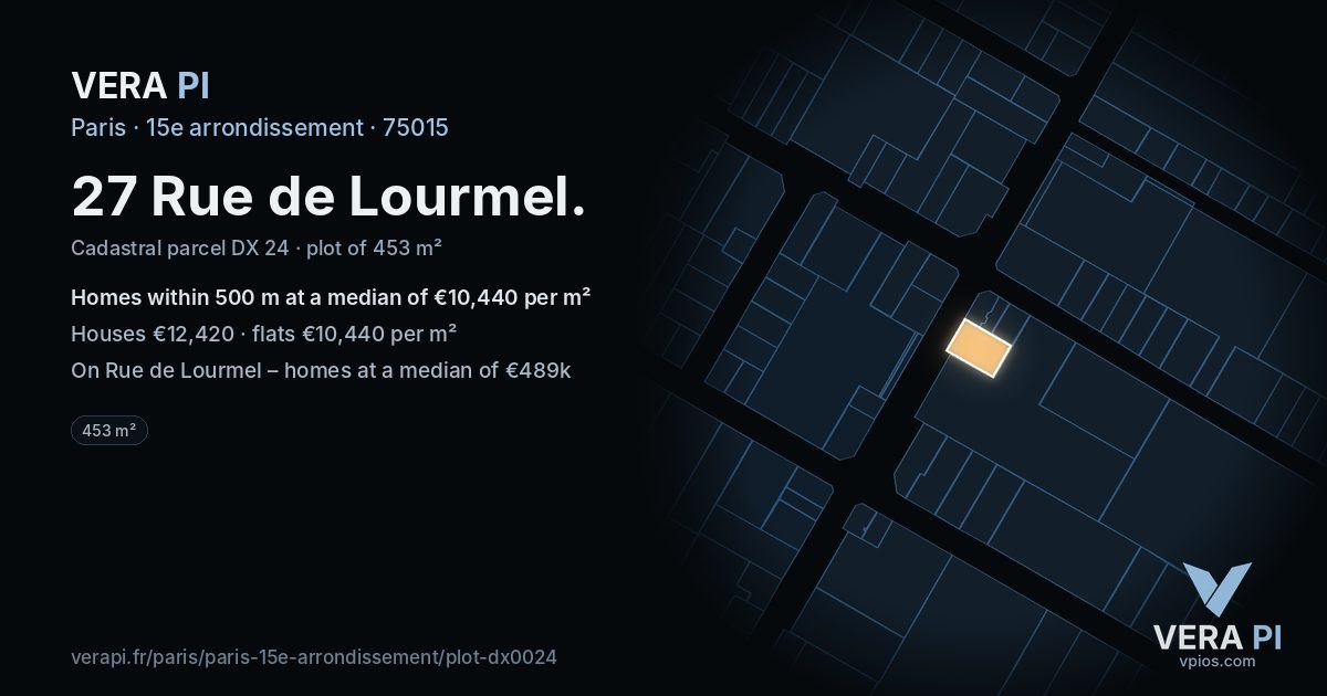 27 Rue de Lourmel, 15e arrondissement at night – the plot lit, the parcels around coloured by the prices near them