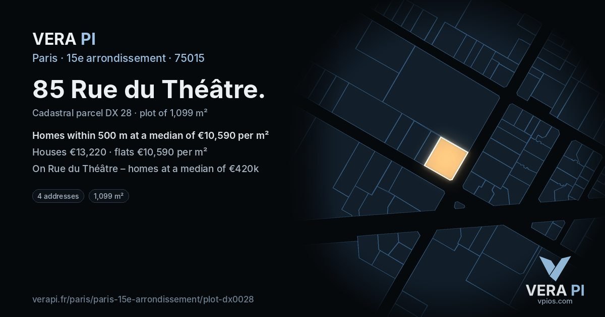 85 Rue du Théâtre, 15e arrondissement at night – the plot lit, the parcels around coloured by the prices near them