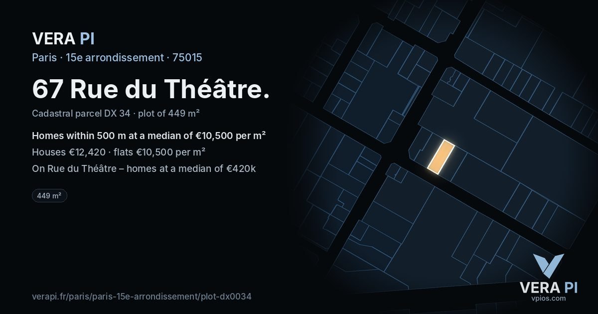 67 Rue du Théâtre, 15e arrondissement at night – the plot lit, the parcels around coloured by the prices near them