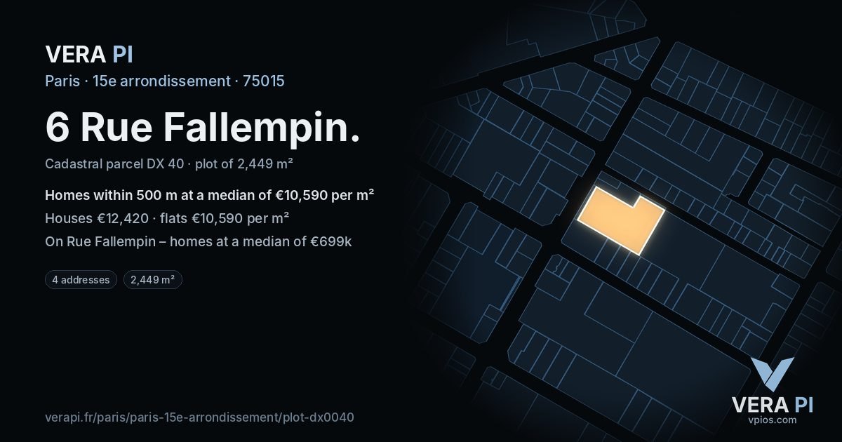6 Rue Fallempin, 15e arrondissement at night – the plot lit, the parcels around coloured by the prices near them