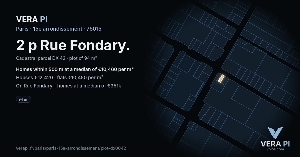 2 p Rue Fondary, 15e arrondissement at night – the plot lit, the parcels around coloured by the prices near them