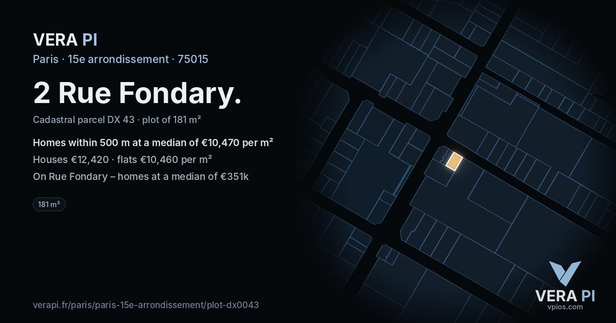 2 Rue Fondary, 15e arrondissement at night – the plot lit, the parcels around coloured by the prices near them