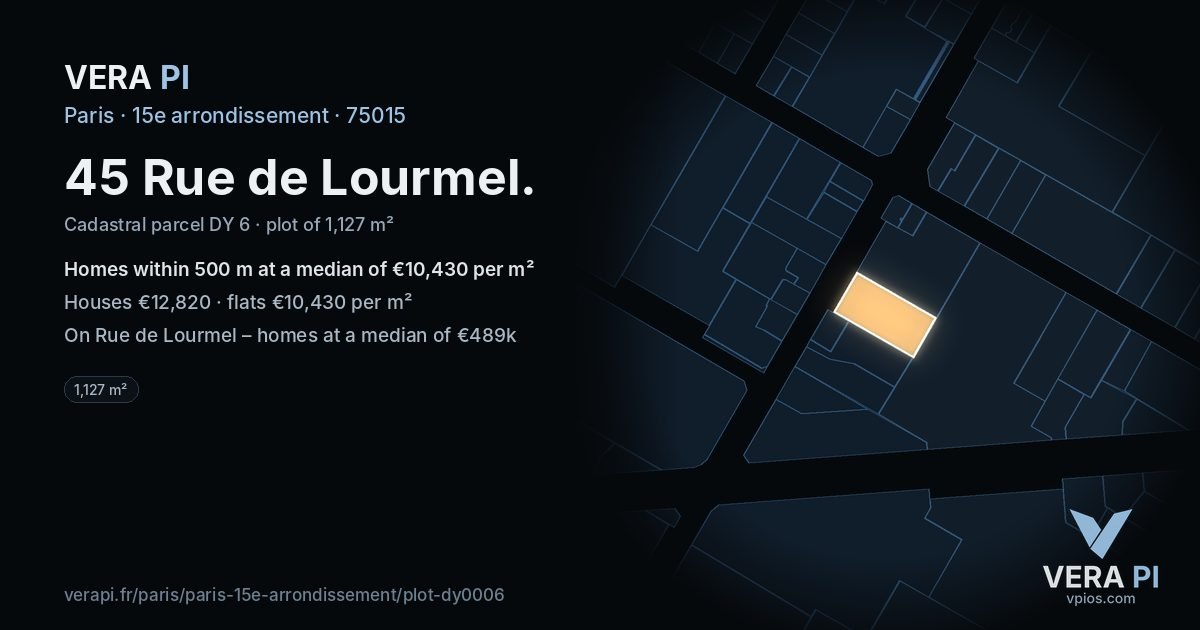 45 Rue de Lourmel, 15e arrondissement at night – the plot lit, the parcels around coloured by the prices near them