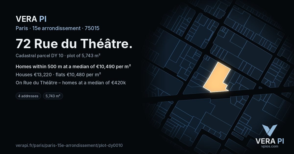 72 Rue du Théâtre, 15e arrondissement at night – the plot lit, the parcels around coloured by the prices near them