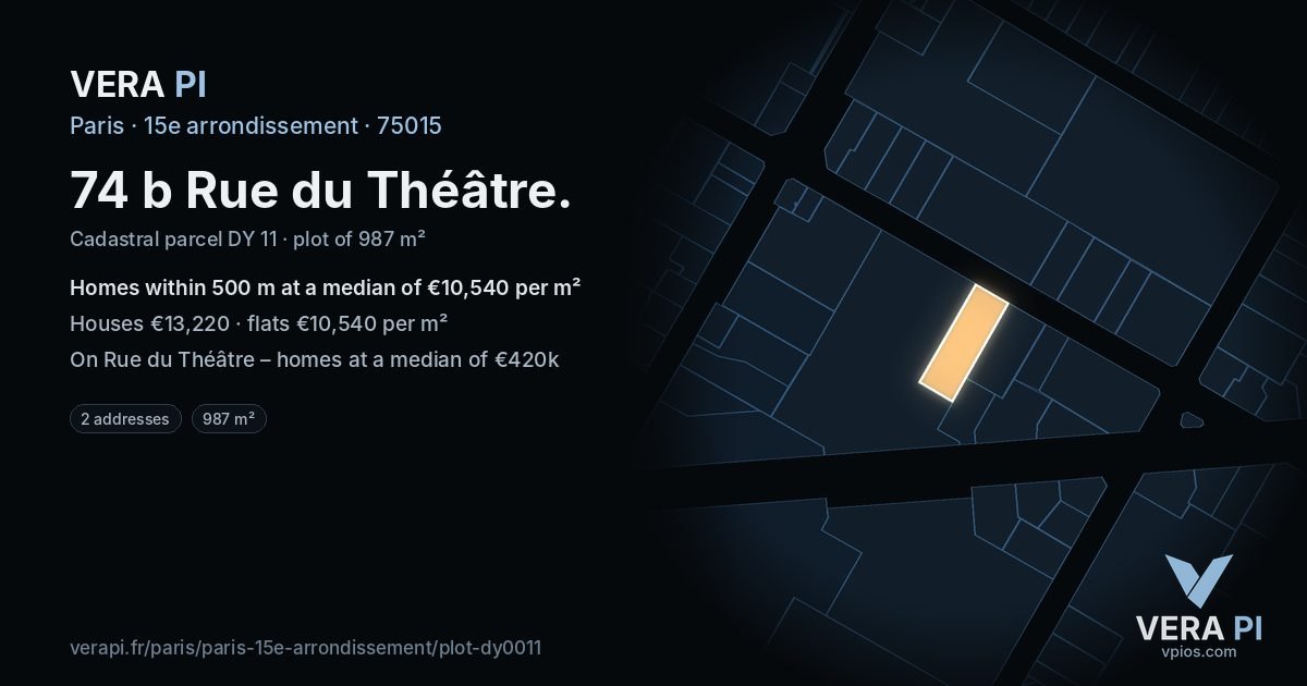 74 b Rue du Théâtre, 15e arrondissement at night – the plot lit, the parcels around coloured by the prices near them